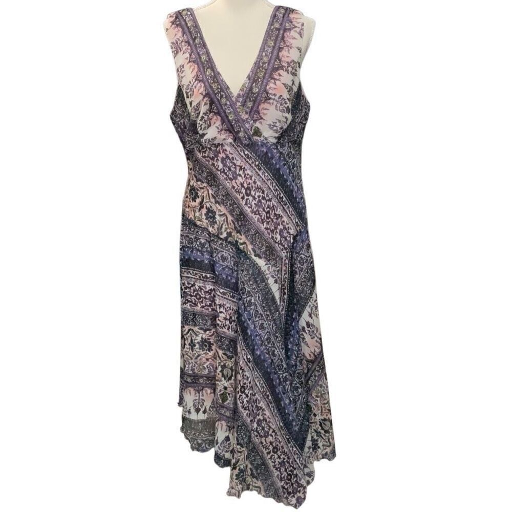 Rabbit rabbit rabbit Designs Purple Cream Paisley V Neck Maxi Dress Sz 16